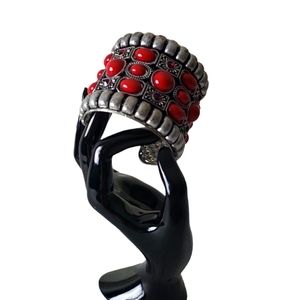 Red Bead Silver-Tone Statement Cuff Bracelet